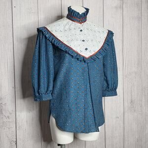 Vintage Prairie Style Western Blouse Eyelet Yoke Ruffle Collar, sz Small